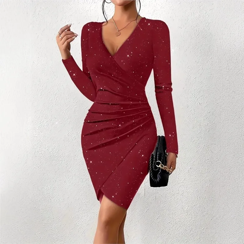 Fashion Women\'s Dress Elegant Fashion Solid V Neck Long Sleeve Mini Wrap Bodycon Folds Sexy Party Dresses For Women Vestidos