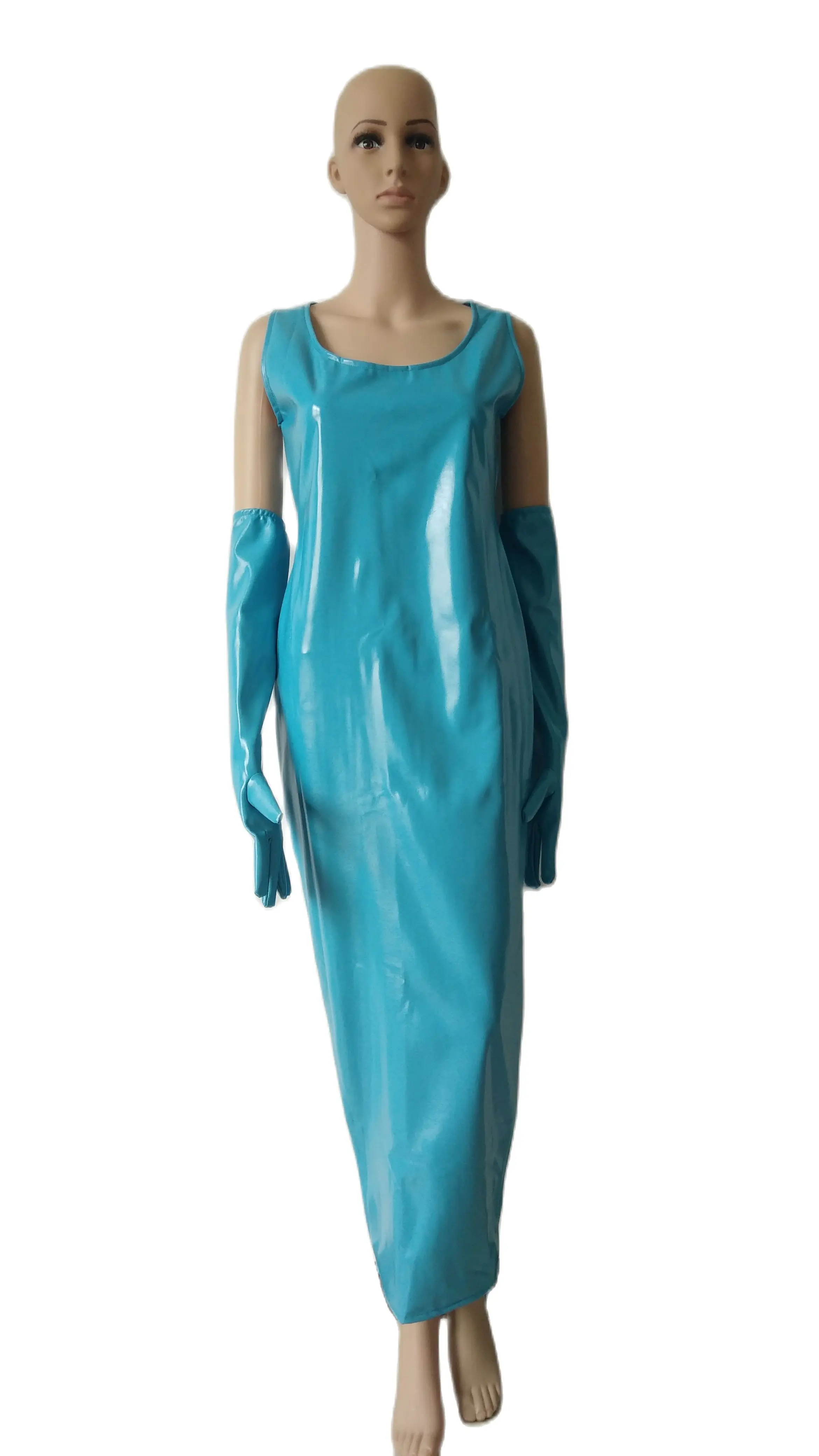 

Cosplay Halloween Costumes women lake blue faux leather PVC round neck sexy long skirt