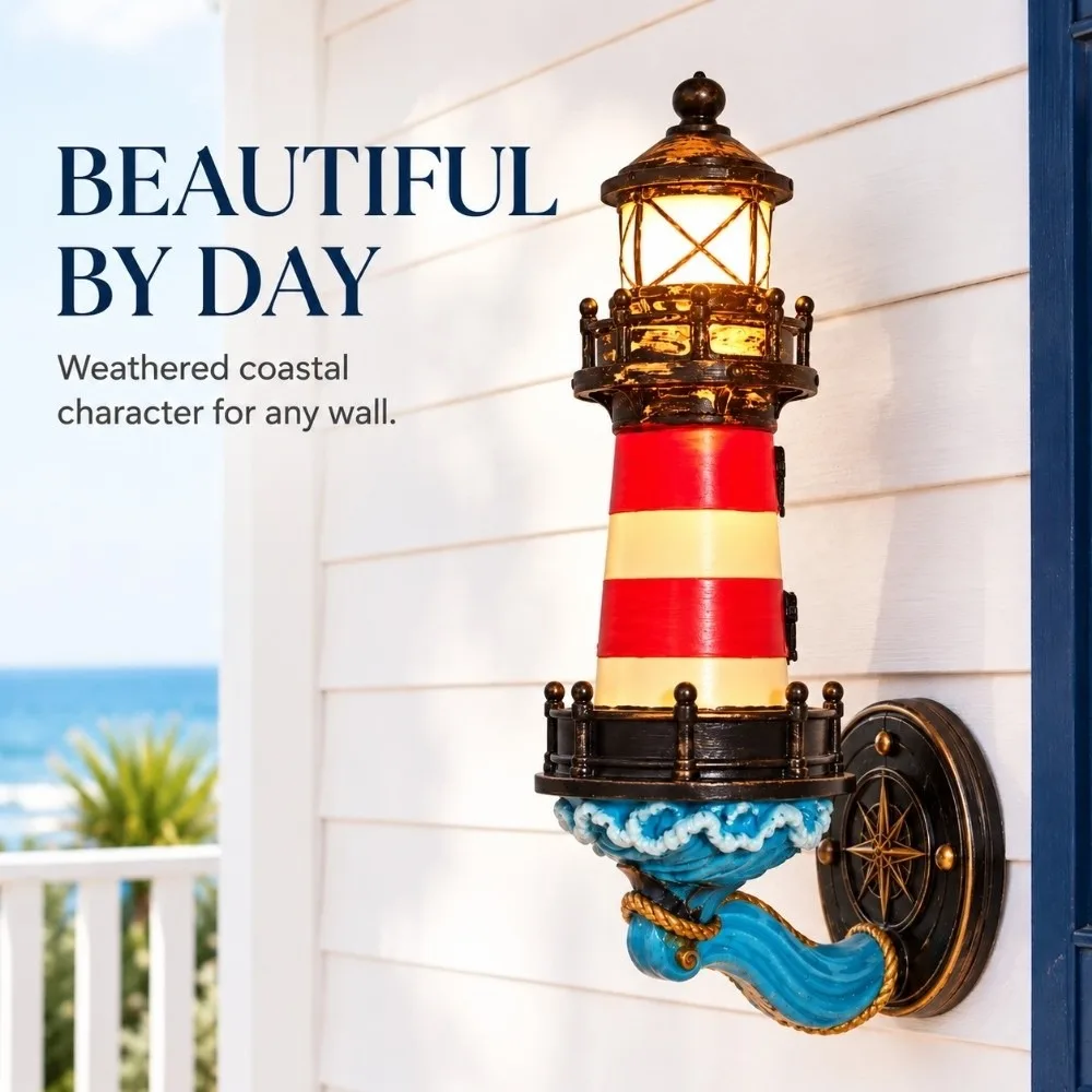 Resin Lighthouse Wall Light LED Vintage Coastal Wall Sconce Waterproof Red and White Striped Lighthouse Ornaments Outdoor