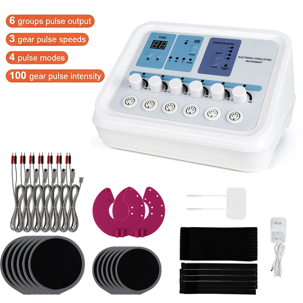 Stimolatore muscolare a microcorrente TENS con 6 uscite indipendenti, massaggiatore elettrico per il corpo con cuscinetti in gel e fasce elastiche per il sollievo muscolare di collo, spalle e gambe