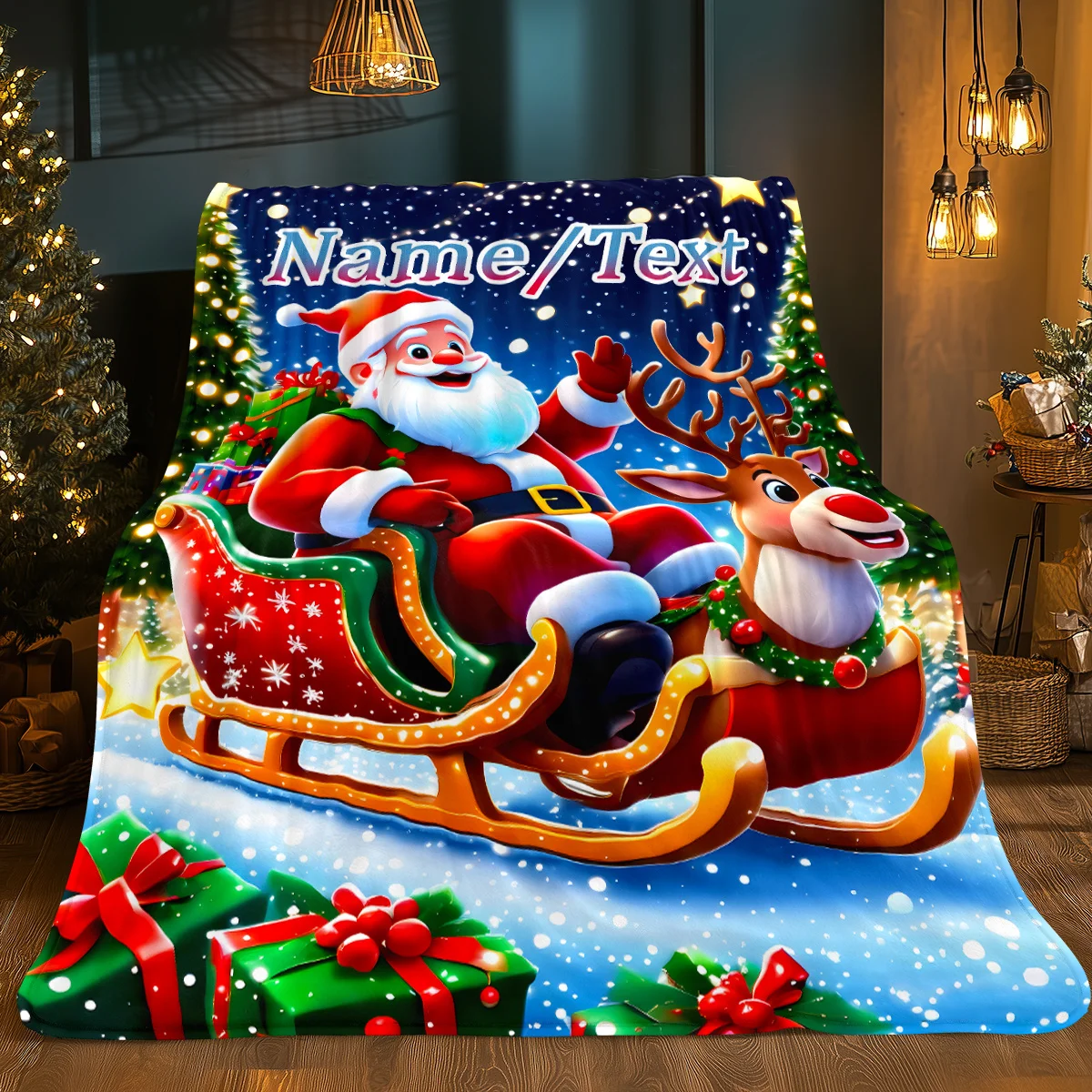 1pc Personalized Santa Blanket - Custom Name/Text, Sleigh And Reindeer Design - Lightweight Fleece Throw, Soft And Warm for All