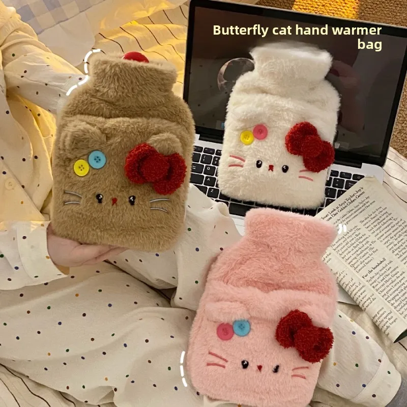 

Бутылка для горячей воды с бантом и котенком, большая емкость 800 мл, плюшевая бутылка для теплой воды для кровати.