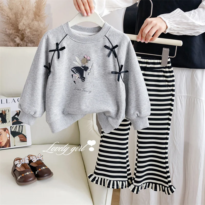 Girls Cartoon Spring Autumn Sets Kids Cute Sweatshirt Striped Pants 2 Pieces Children\'s New Fashion Casual Sports Suit 2-8 Years