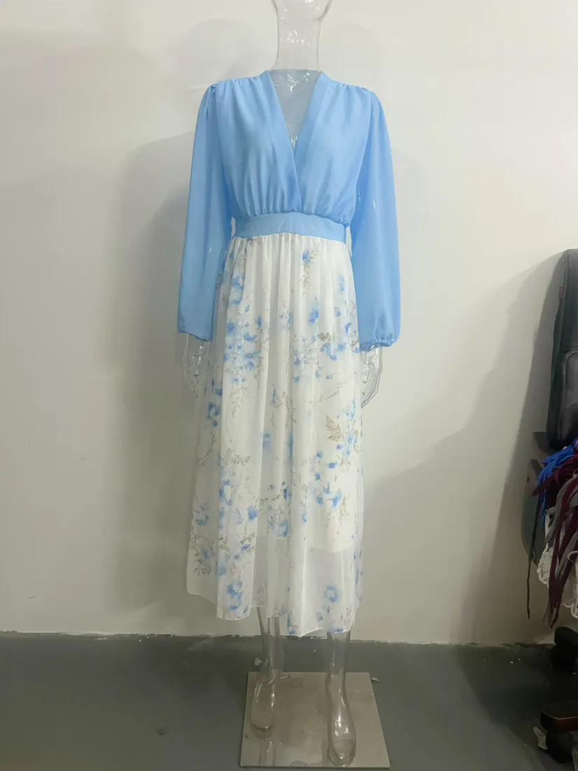 Indian Saree Woman Dress Puff Sleeve V Neck Printed Dresses Wrap A Line Maxi Dress Bubble Sleeve Floral Print Long Dress - view 6