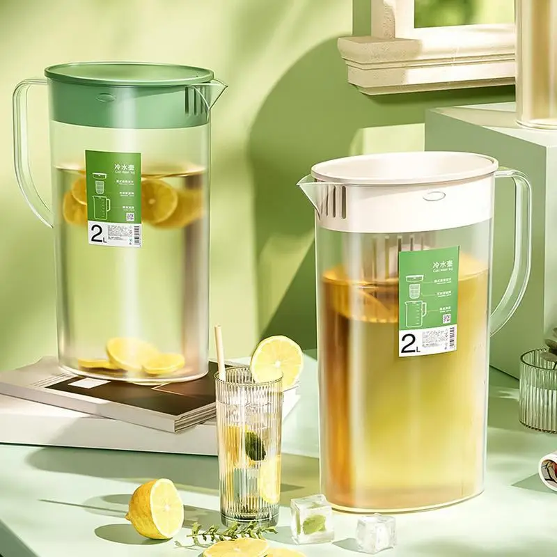 Jarra de plástico para nevera de 2L con tapa de filtro, hervidor de sellado transparente con asa, jarra con infusor de agua transparente