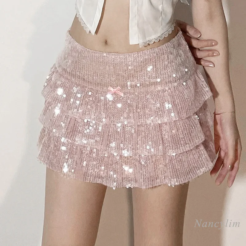 

Hot Girl Style Sequined Cake Skirt for Women 2024 Fashion Fried Street Shiny Mesh Bow Low Waist Short Skirts Summer