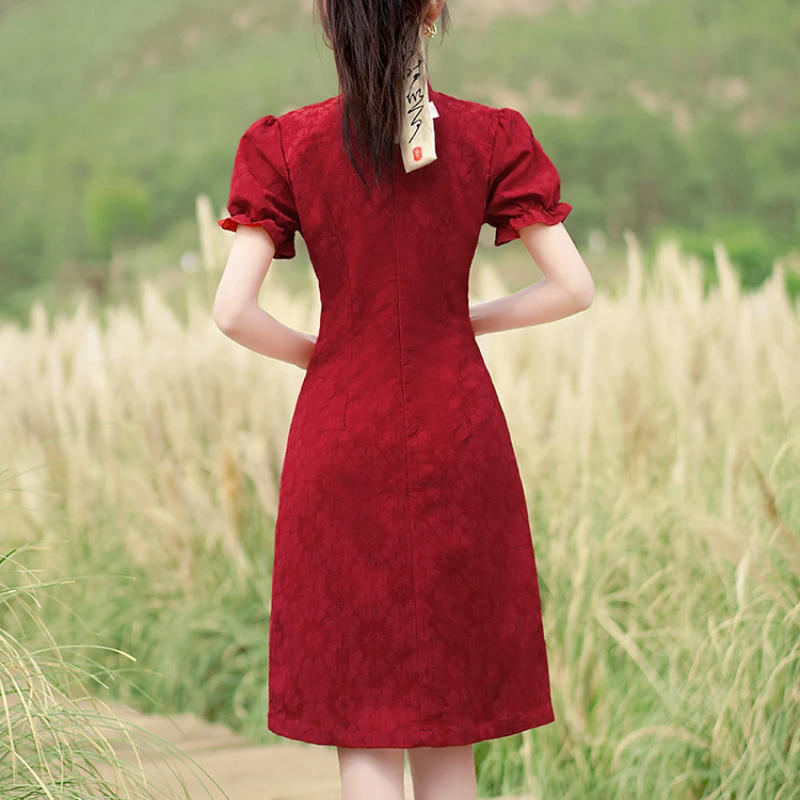 Vermelho estilo tradicional chinês retro cheongsam verão 2024 manga curta moderno qipao vestido ano novo cny