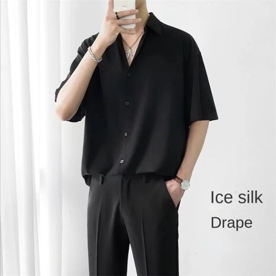 Ice Silk Short-sleeved Shirts Men\'s Non-ironing Drape Solid Color Five-quarter Sleeve Shirt Oversized All-match Loose T-shirt