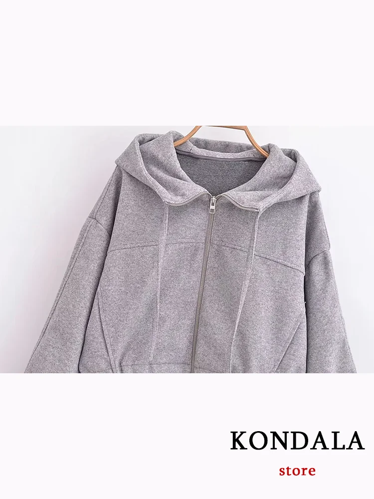 KONDALA Vintage Casual Solid Women Suit Gray Zipper Pockets Hooded Jackets Long Straight Skirt Fashion 2023 Autumn Office Set