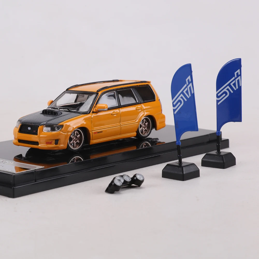 SHOOM 1:64 Forester SG9 STI Diecast Car Model JDM Modified Wagon Miniature Collectible Toy Car with STI Flag & Extra Light Parts