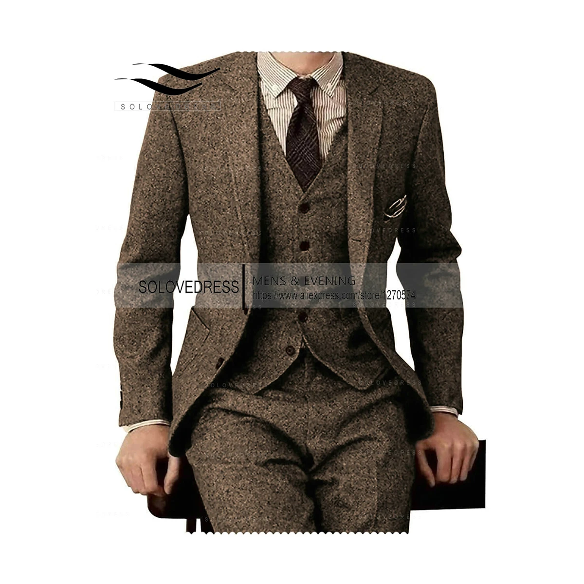 Trajes de Tweed marrón para hombre, conjunto de traje Formal de negocios de 3 piezas, Blazer de vestido de novia para novio personalizado (chaqueta