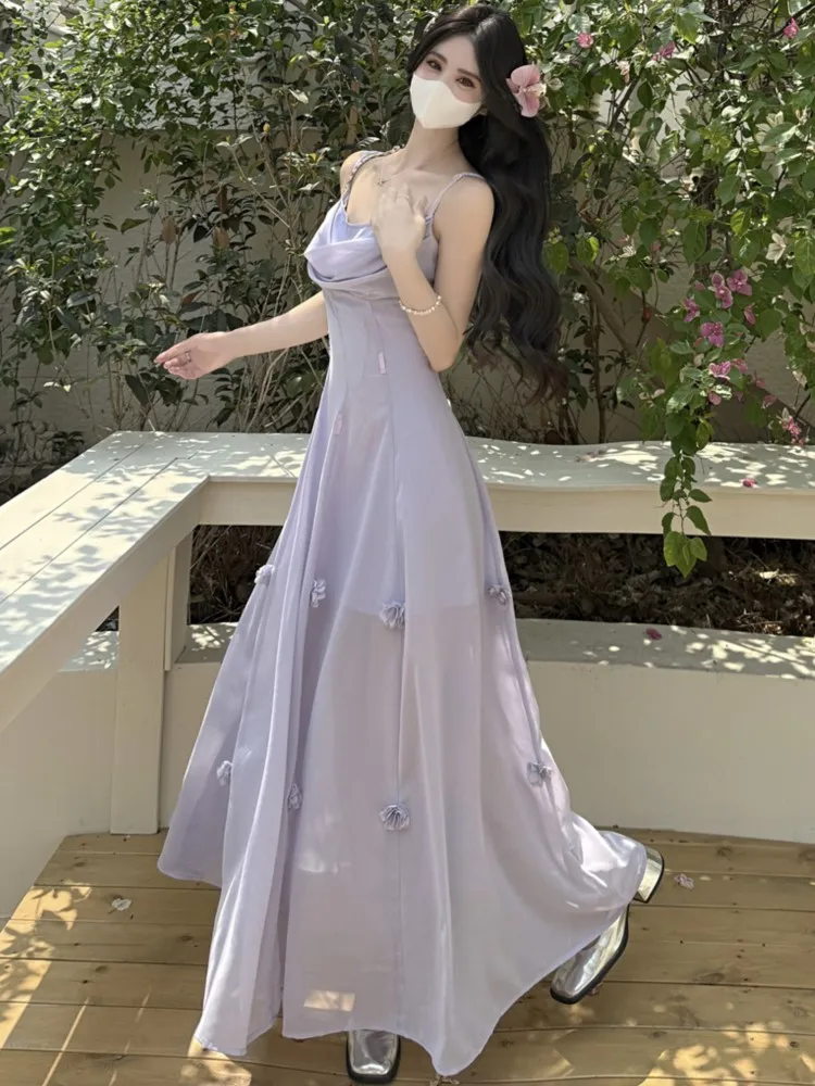 

Women Summer Fairycon Korean Floral Long Dresses New Fashion Slim Waist Spaghetti Strap Party Dress Holiday Vacation Vestidos