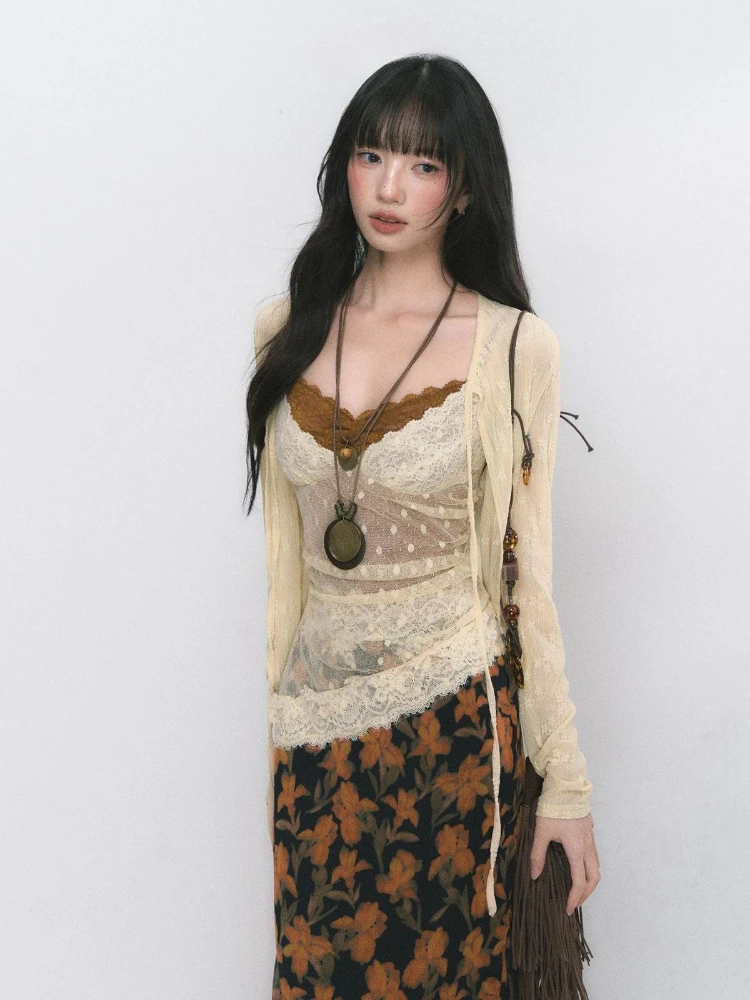 Sweet 3 Piece Sets Women Sun Protection Lace Bandage Cardigan + Patchwork Slim Fit Vest + Vintage Flower Skirts Y2K Outfits image 4