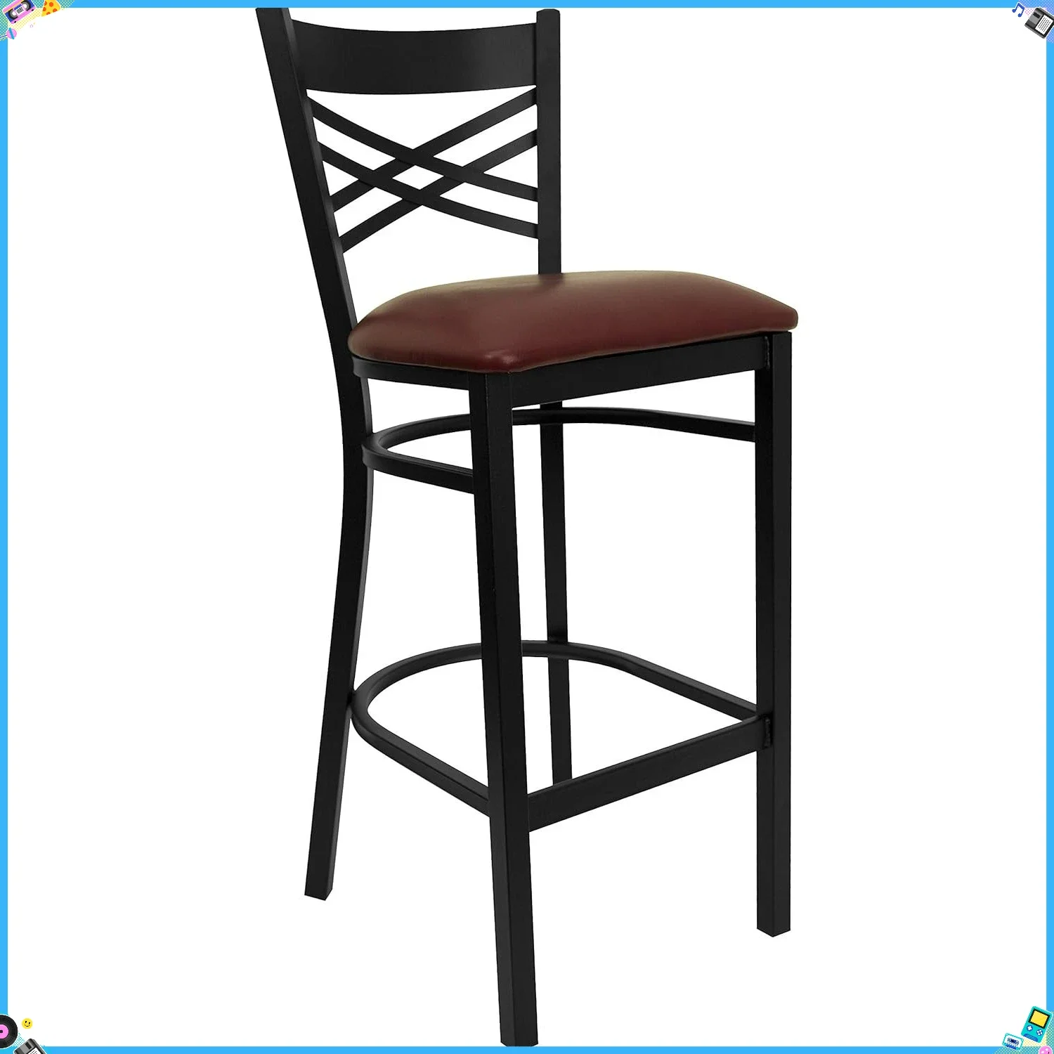 Industrial Style Black X Back Metal Barstool - Burgundy Vinyl Seat for Kitchen Island & Restaurant Counter