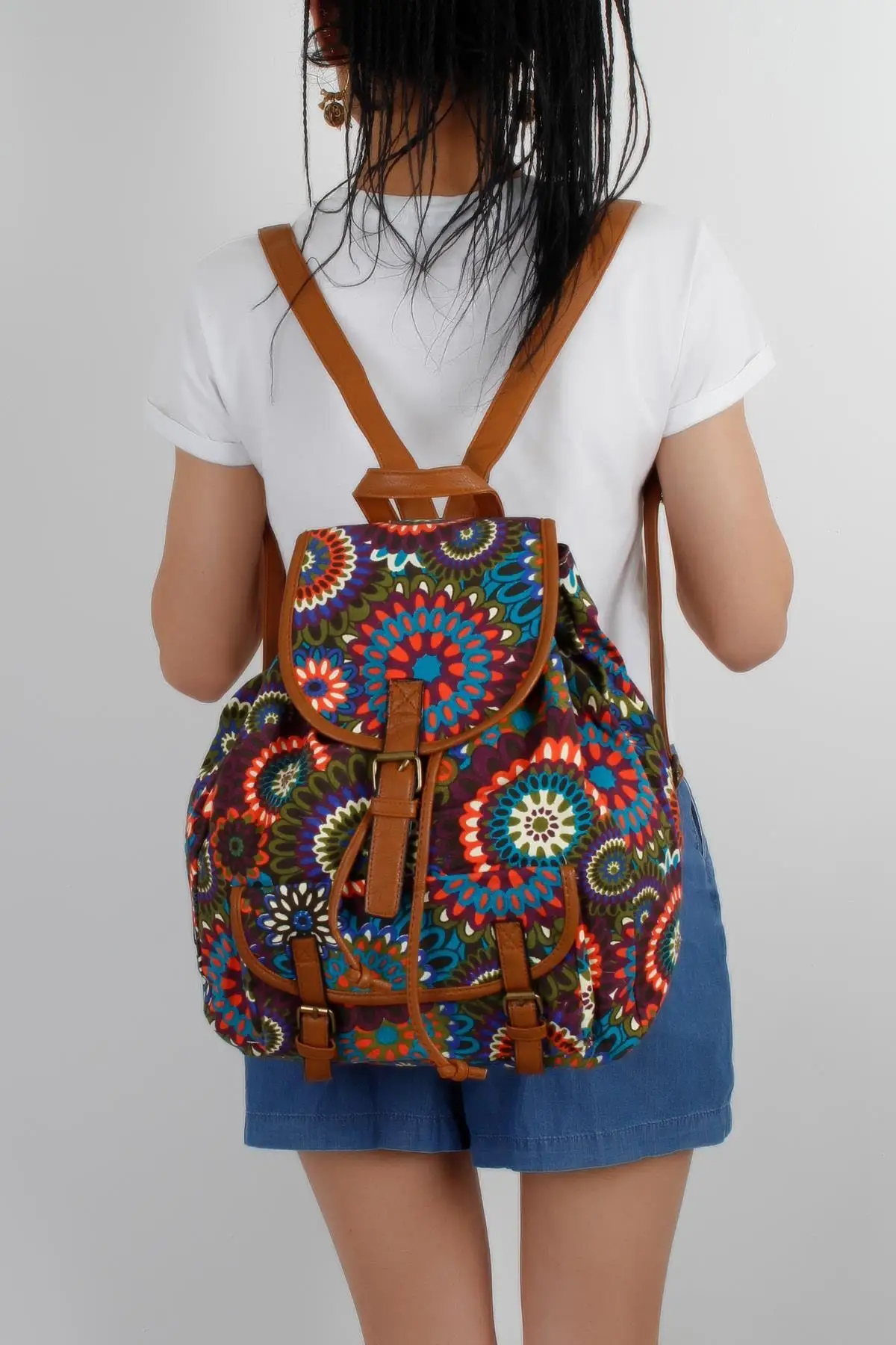 Women White Floral Print Cloth Backpack