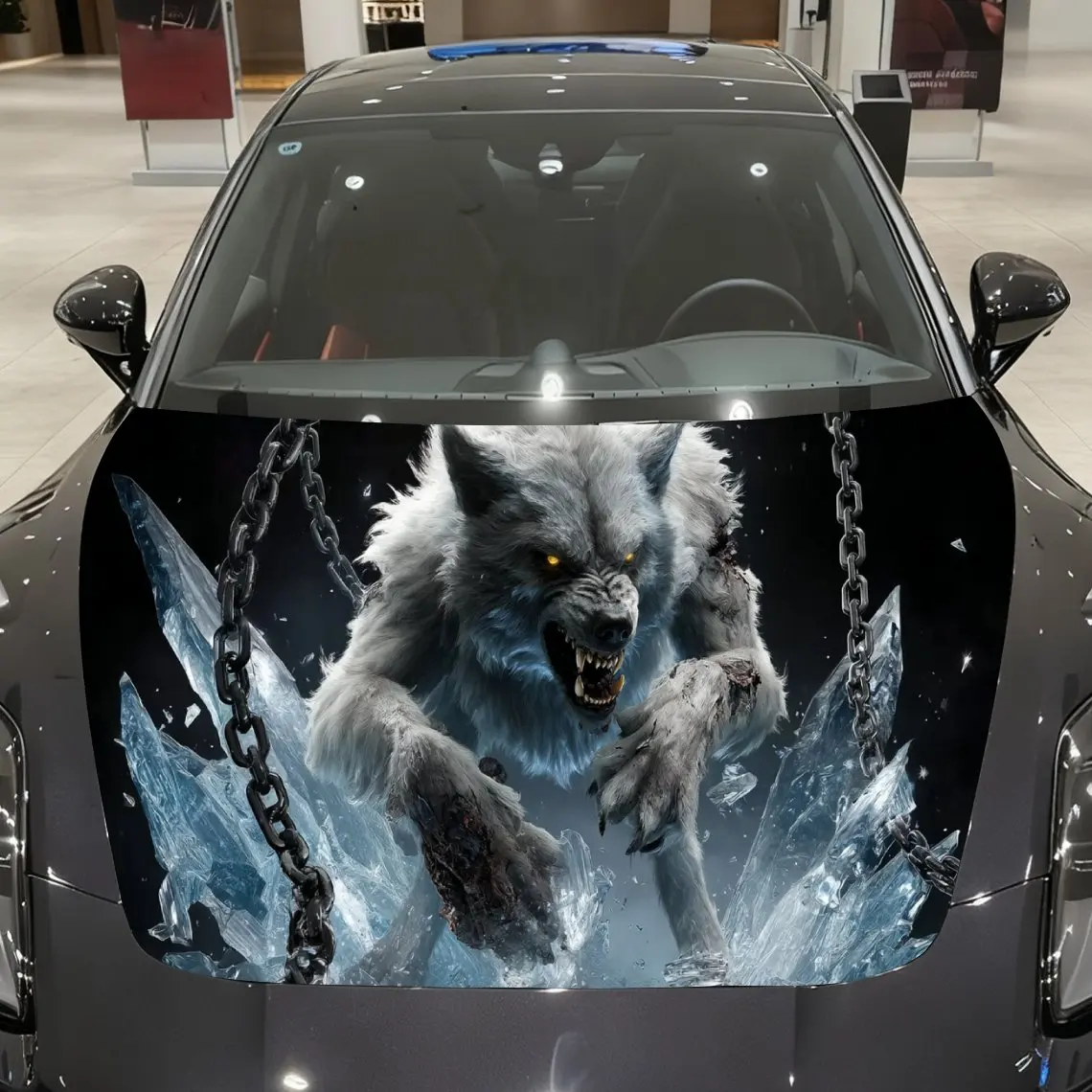 

Ice-Breaking Fierce Wolf Car Vinyl Wrap, PVC Material Waterproof Car Hood Sticker, Self-Adhesive Scratch-Resistant Stickers for