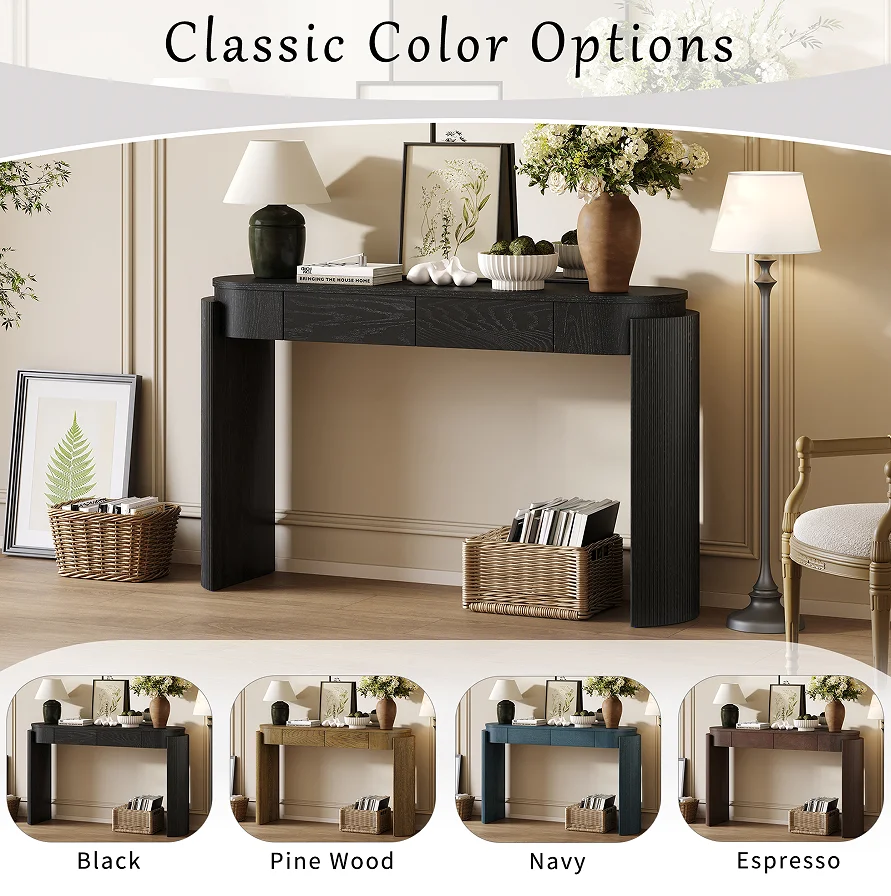 #Modern Entryway Console Table With Storage Solid Wood Construction Natural Wood Grain Finish And Fluted Design