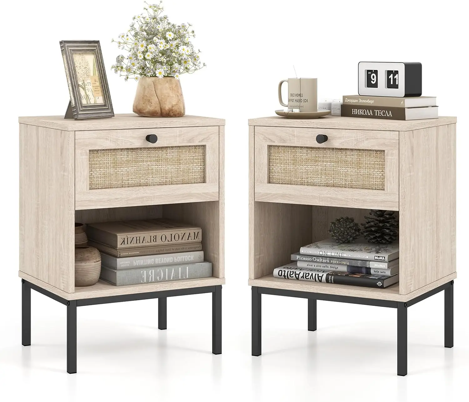 Prateleira de Armazenamento Aberto com 4 Pernas de Metal, Farmhouse Night Stands para Pequenos Espaços, 2 Mesas de Cabeceira para Escritório, Carvalho