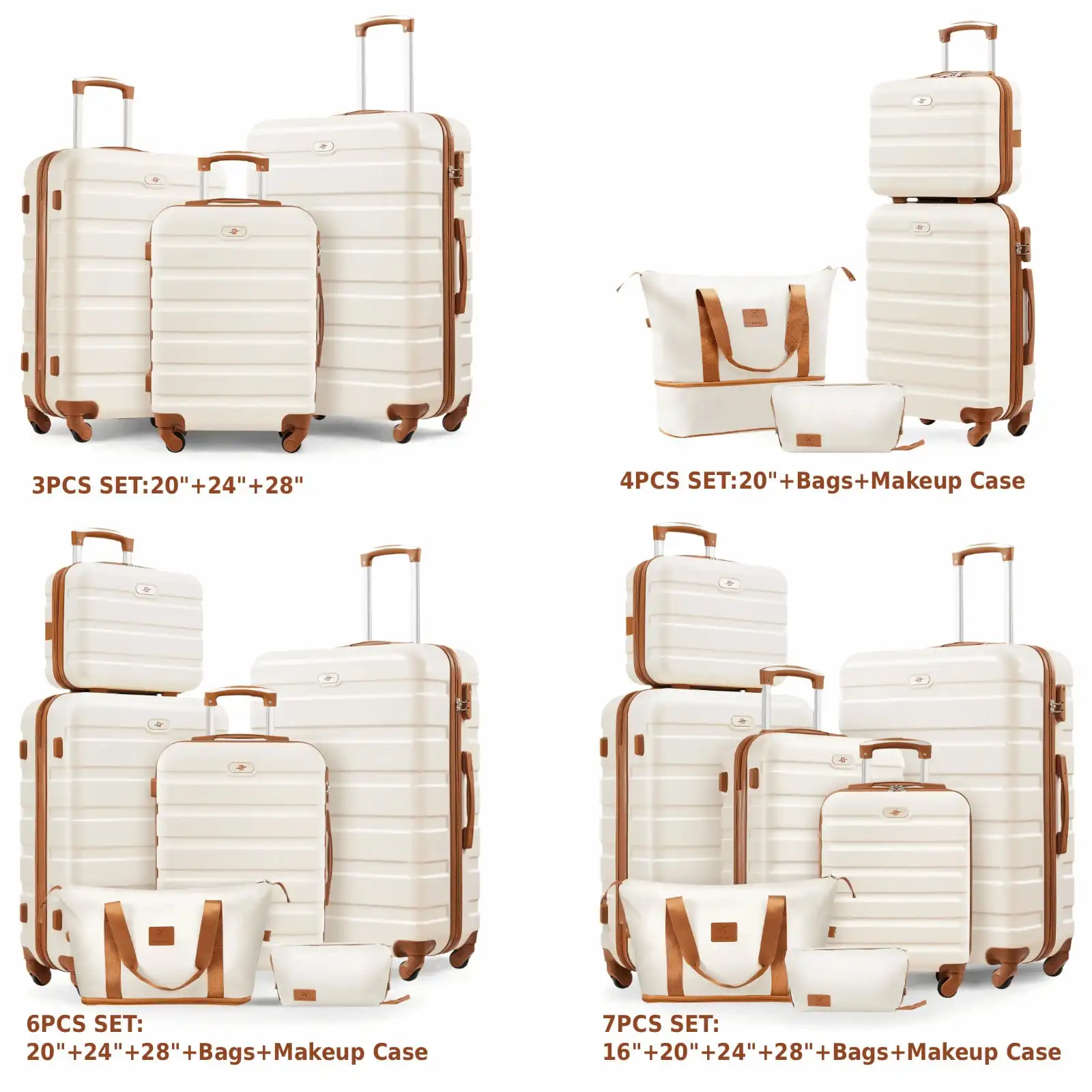 Large Capacity ABS Hardside Luggage Set, 16/20/24/28 Inch Spinner Suitcases + 2 Travel Bags + 1 Cosmetic Case, 7-Piece Set For Holiday Travel