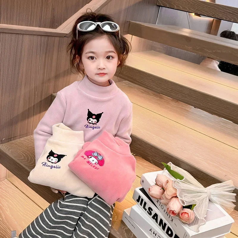 Kuromi Anime Kawaii Sanrio Ins Fashion Children Embroidery Plus Fleece Shirt Cute My Melody Thickened Hooded Clothing Gifts