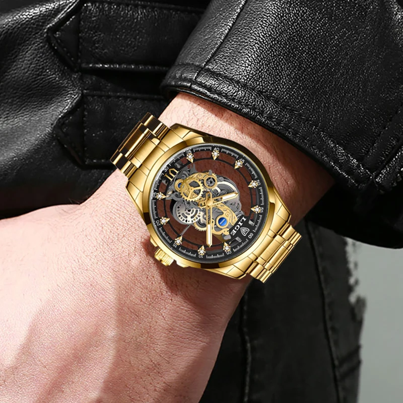 LIGE New Men Watches Skeleton Quartz Wristwatch Gold Skeleton Retro Watch For Man Top Brand Luxury Clock Mens Watch Reloj Hombre
