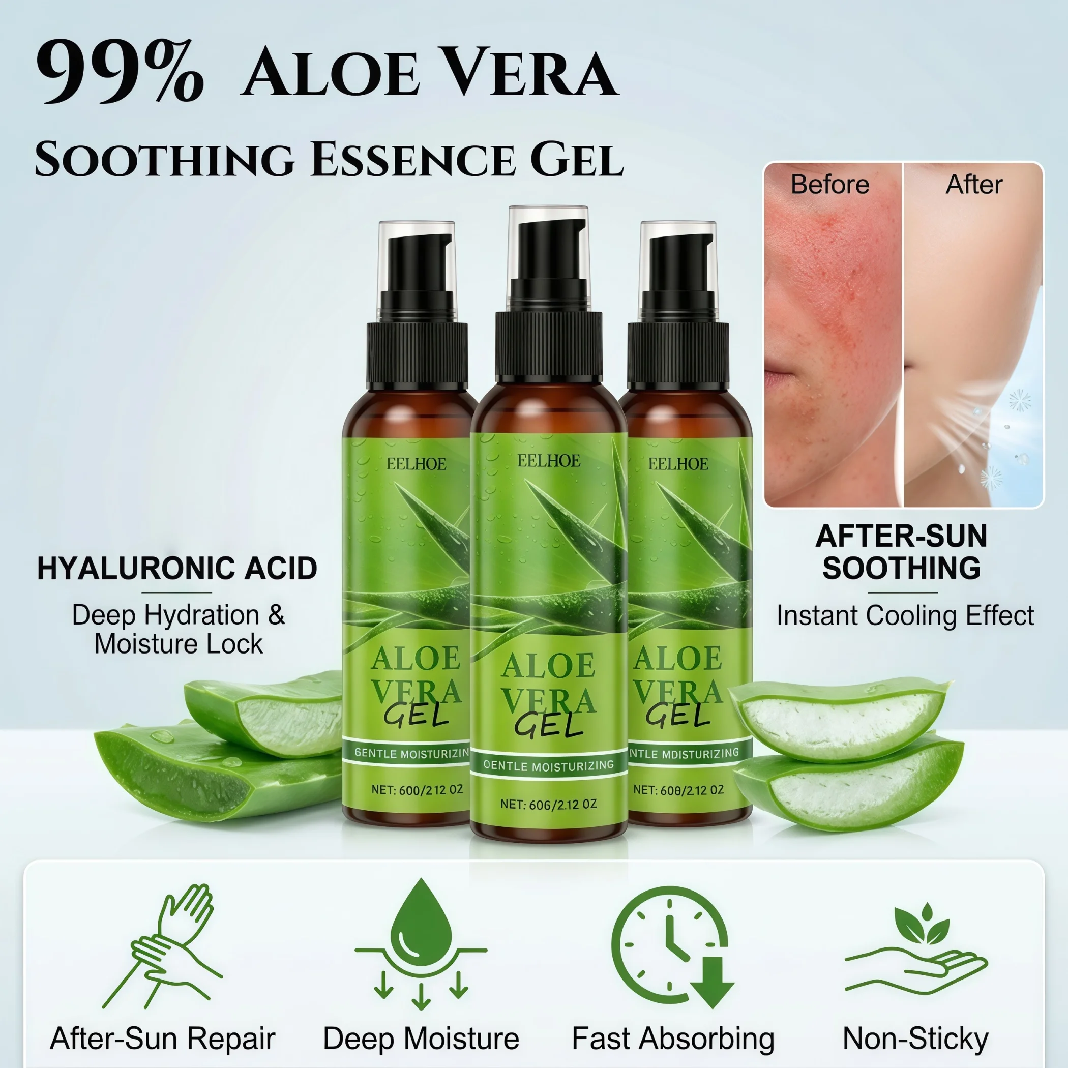 99% Aloe Vera Soothing Essence Gel,Natural Aloe Vera+Hyaluronic Acid,Deep Hydration&Barrier Lock,Instant After Sun Cooling&Relief,Non Sticky,Fast Absorbing Formula&Hygienic Pump Bottling,Head to Toe Multi Use&Gentle&Safe for Sensitive Skin