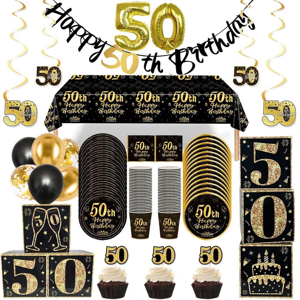 Schwarzgold-Partyzubehör zum 50. Geburtstag für Männer und Frauen, 50-jährige Pappteller, Tassen, Servietten, Ballonboxen, Dekore zum 50. Geburtstag – Detail 1