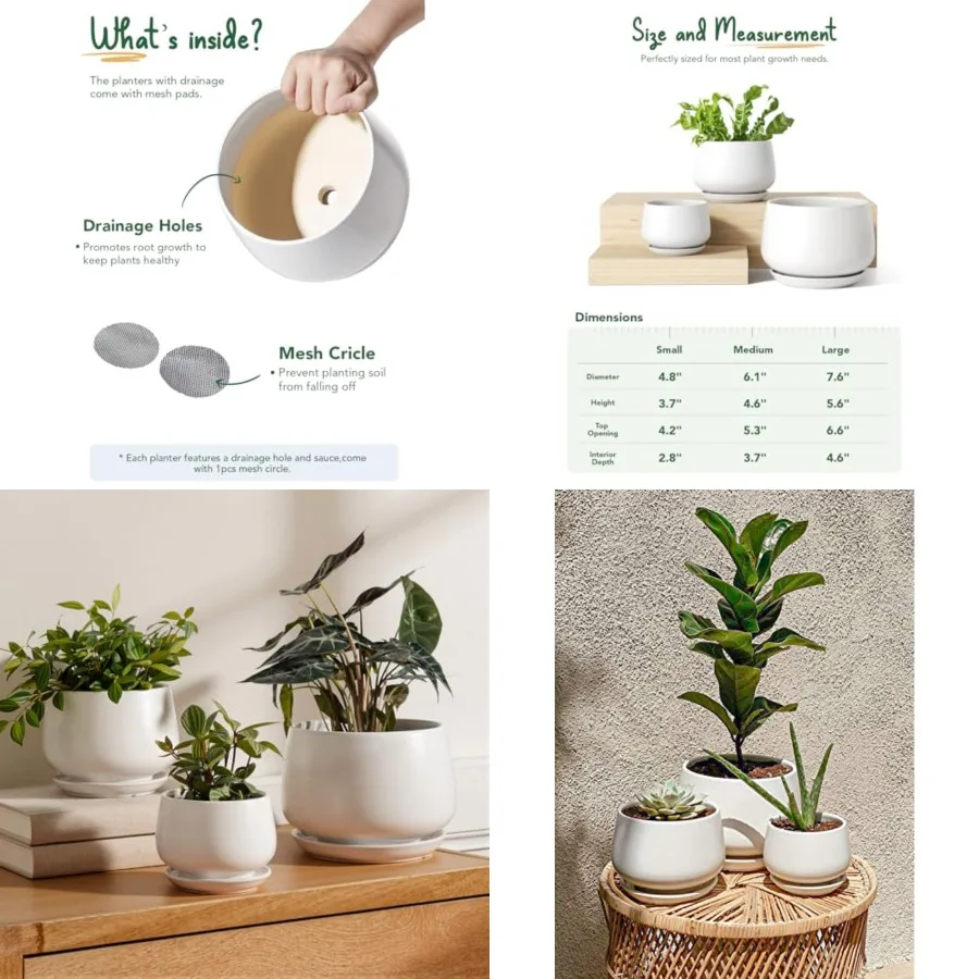 

Ceramic Plant Pots, 4.1+5.1+6.5 inch, Set of 3, Planters with Drainage Hole and Saucer, Indoor Flower Pot with Hole Mesh Pad, G