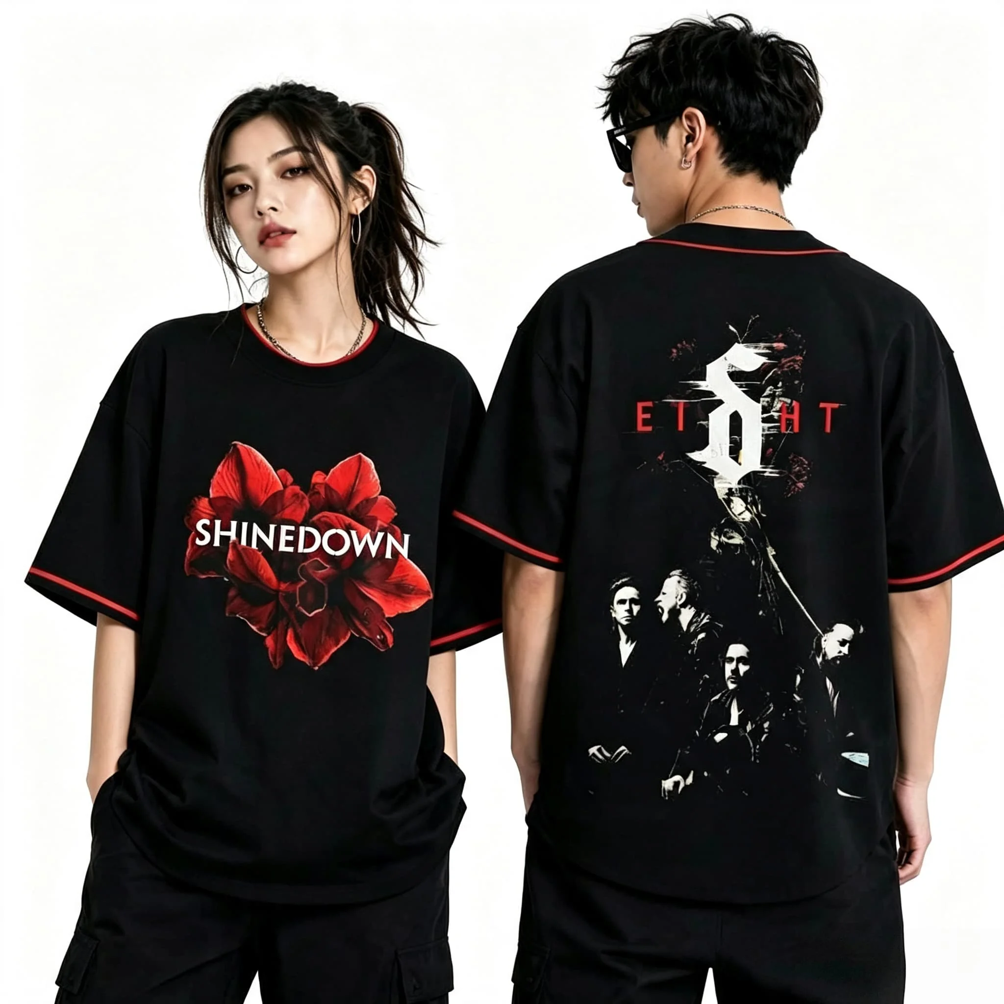 Vintage Shinedown Achttes Album T-Shirt Band-Gruppenfoto Rückdruck Roter Rand Kurzarm Rock Band Street Tee Familien-Matching – Detail 3