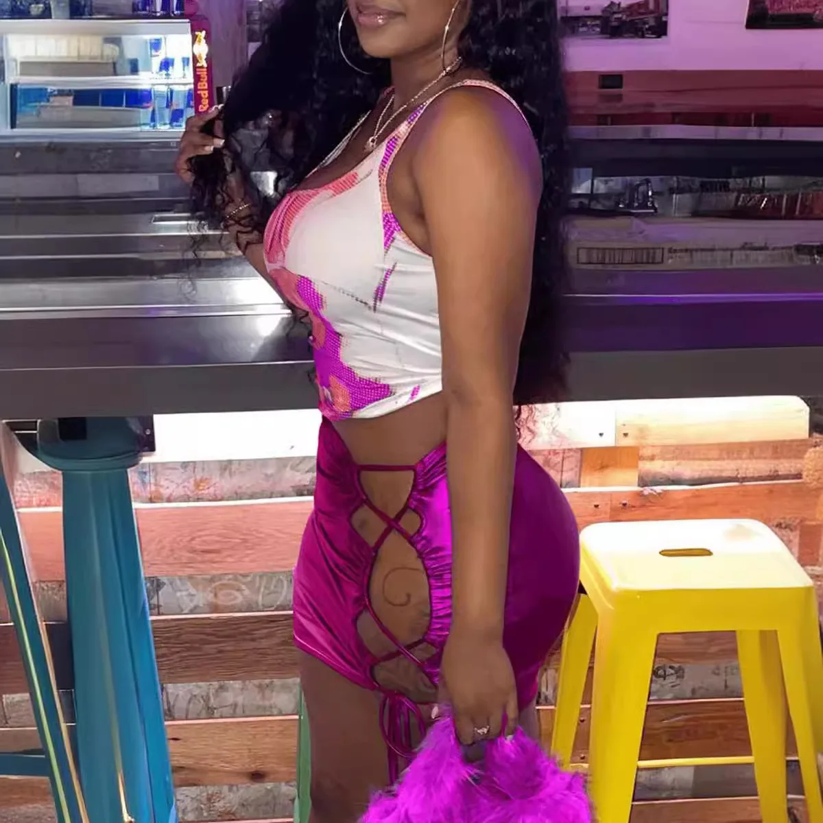 Sexy oco para fora corpo colheita superior mini saia 2 peça define feminino 2025 verão magro regata impressão conjunto de duas peças vestido outfit