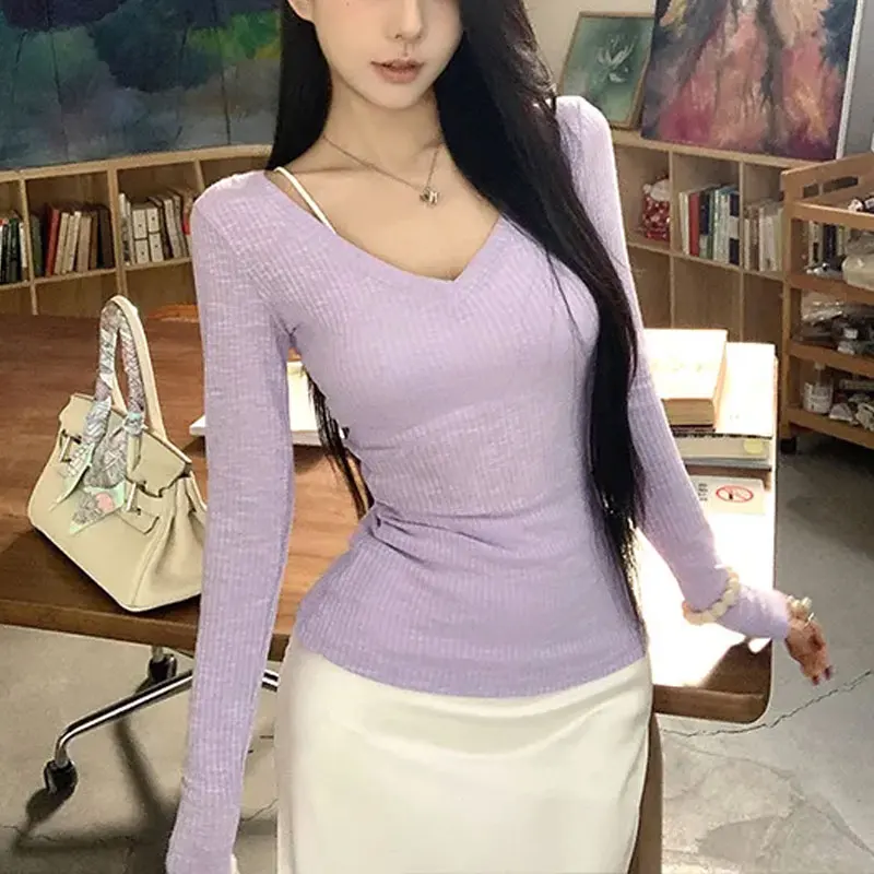 الملابس النسائية Hotsweet سليم تي شيرت الأساسية بلون الخريف عادية الخامس الرقبة خمر كم طويل البلوفرات الكورية العصرية #1