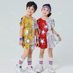 Children's Dance Sequin Costumes, Jazz Hip-hop School Activity Performance Costumes, Short Sleeved Tops and Skirts