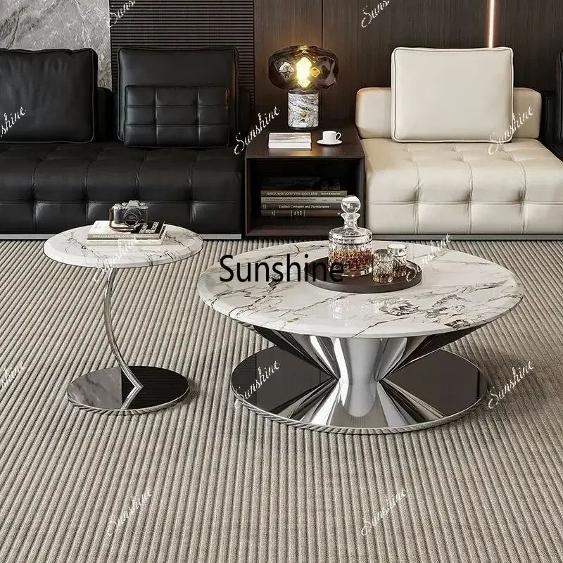 F Modern Single Round Coffee Table Marble Tabletop Shiny Stainless Steel Support Home Decoration Table