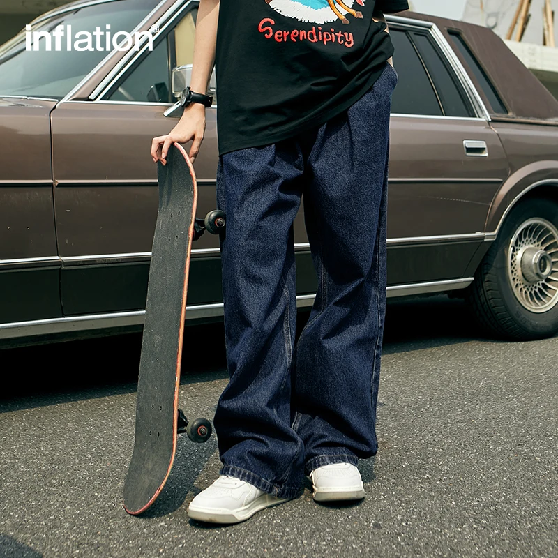 INFLATION Blue Retro Washed Denim Pants Male Classic Straight Leg Jeans Unisex Baggy Trousers