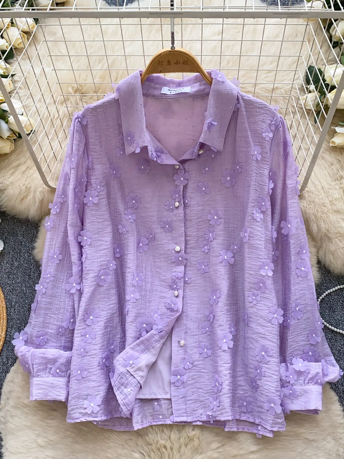 

New 3D Flower Bright Diamond Embroidered Shirt Women's Spring Long-sleeved Loose Elegant Cardigan Tops Clothes