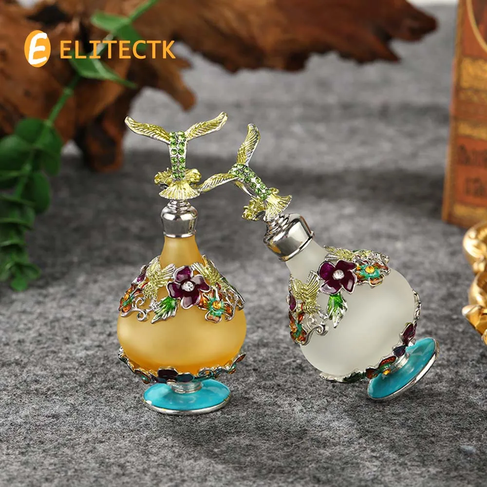 Hummingbird Flower Glass Perfume Bottle Jeweled Enameled Fancy Decorative Crystal Perfume Holder Container Scent Bottles Refill