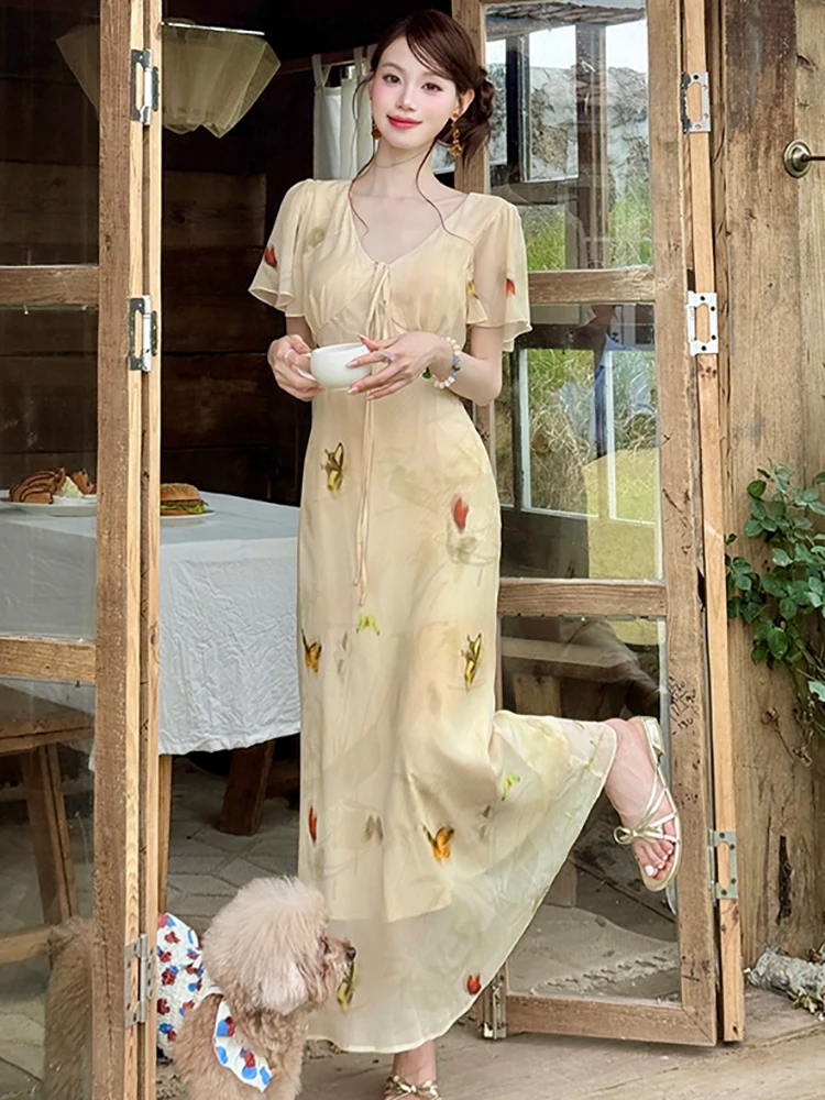 الصيف بوهو الشيفون طباعة Burfferfly فستان طويل غير رسمي المرأة شيك القوس الخامس الرقبة فستان مناسبات 2025 الكورية أنيقة Bodycon Vestidos