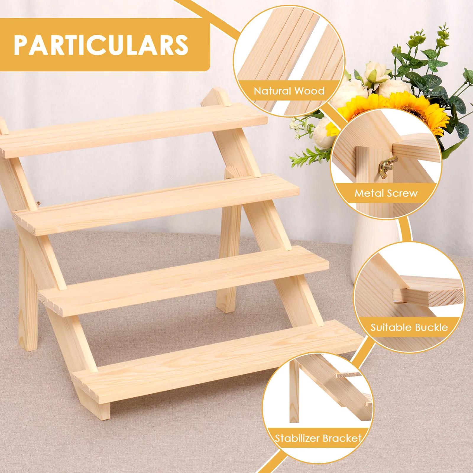 4-Tier Wooden Display Stand Retail Display Rack Cupcake Stand Flower Pot Storage Rack Space Saving for Vendor Home Wedding Party