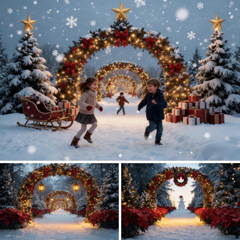 

Christmas Arch Backdrop Snowy Forest Path Garland Wreath Twinkling Tree Holiday Family Portraits Winter Wedding Decor Background