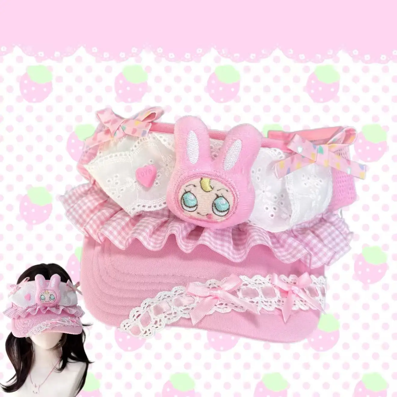 Japanese Cartoon Mp Strawberry Rabbit Jojifuku Y2k Accessories Pink Hat Cute Bow Subculture Sweet Girl Adjustable Visor Cap
