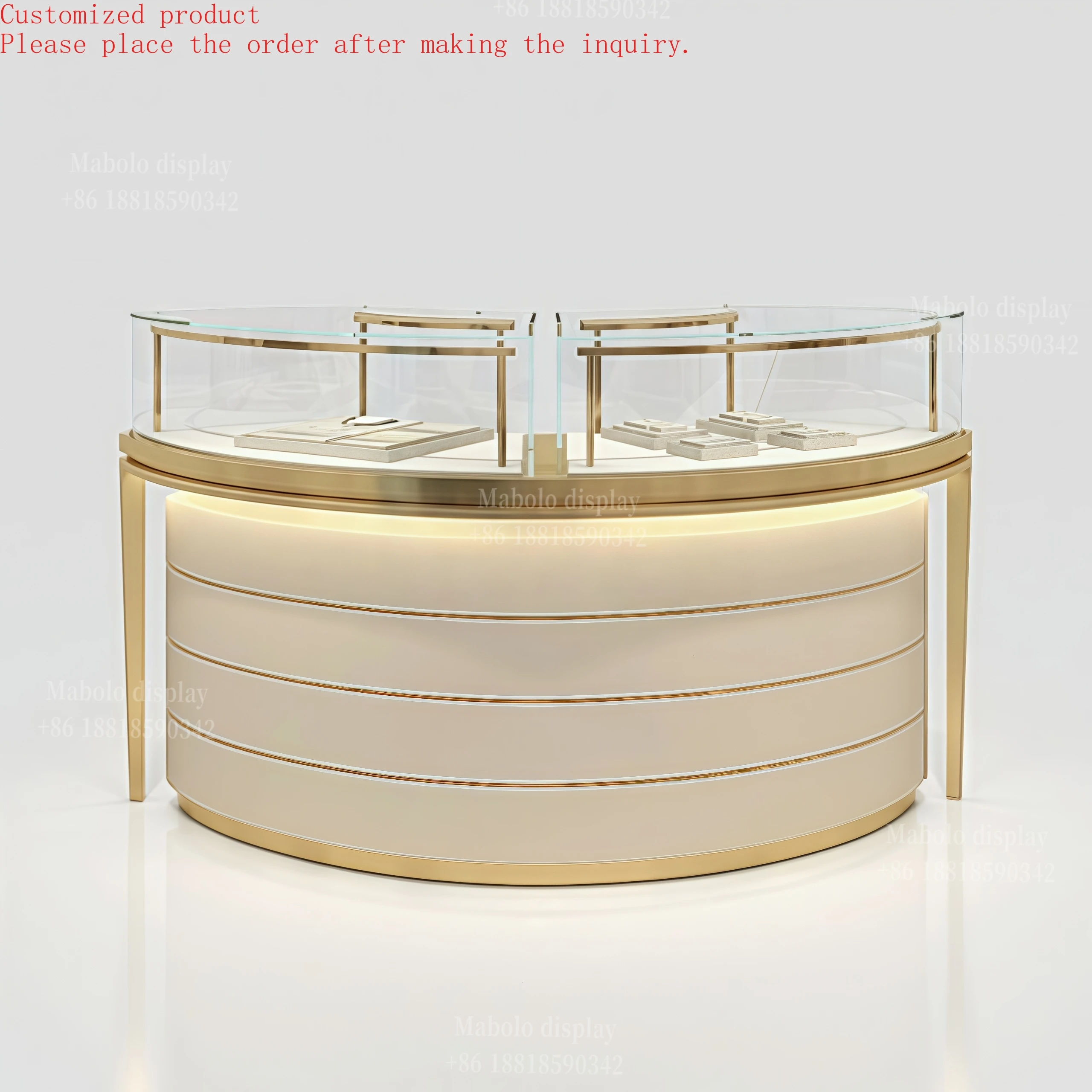 

Custom.#New Arrival Curved Jewelry Display Case With Hidden LED Lights Arch Display Cabinet