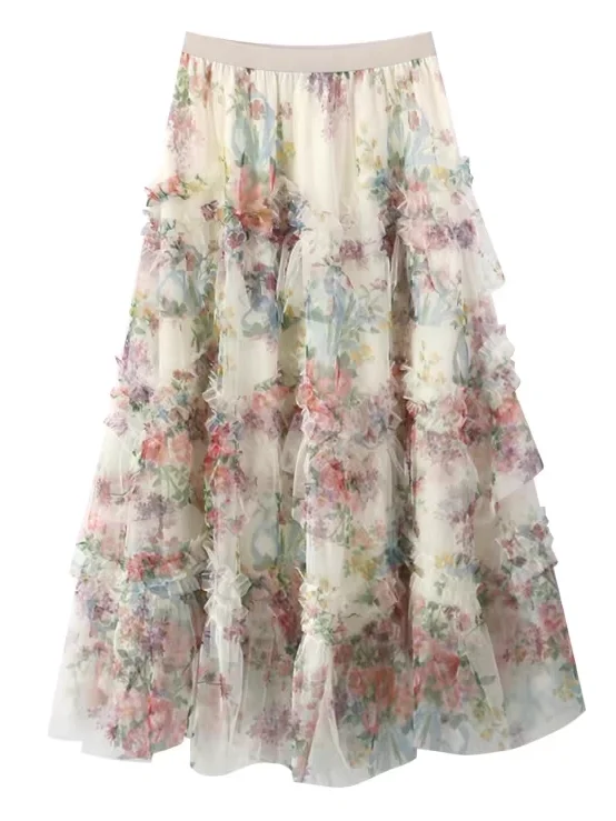 

Retro Floral f Skirt Women's Summer New High Waist Slimming Versatile Cake Skirt Puffy Skirt Beach Vaion Polyester Fiber