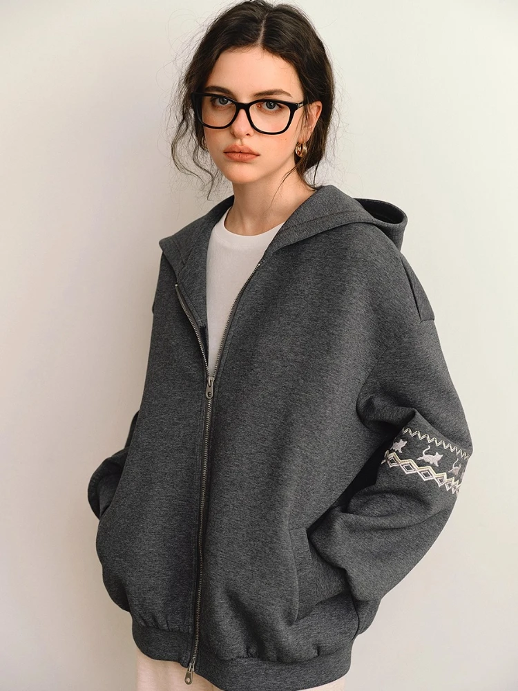 

OLrain Lazy Casual Fair Isle Grey Hoodies Women 2025 Autumn New Loose Soft Streetwear Y2K Chic Zip Up Coat O57QW001165