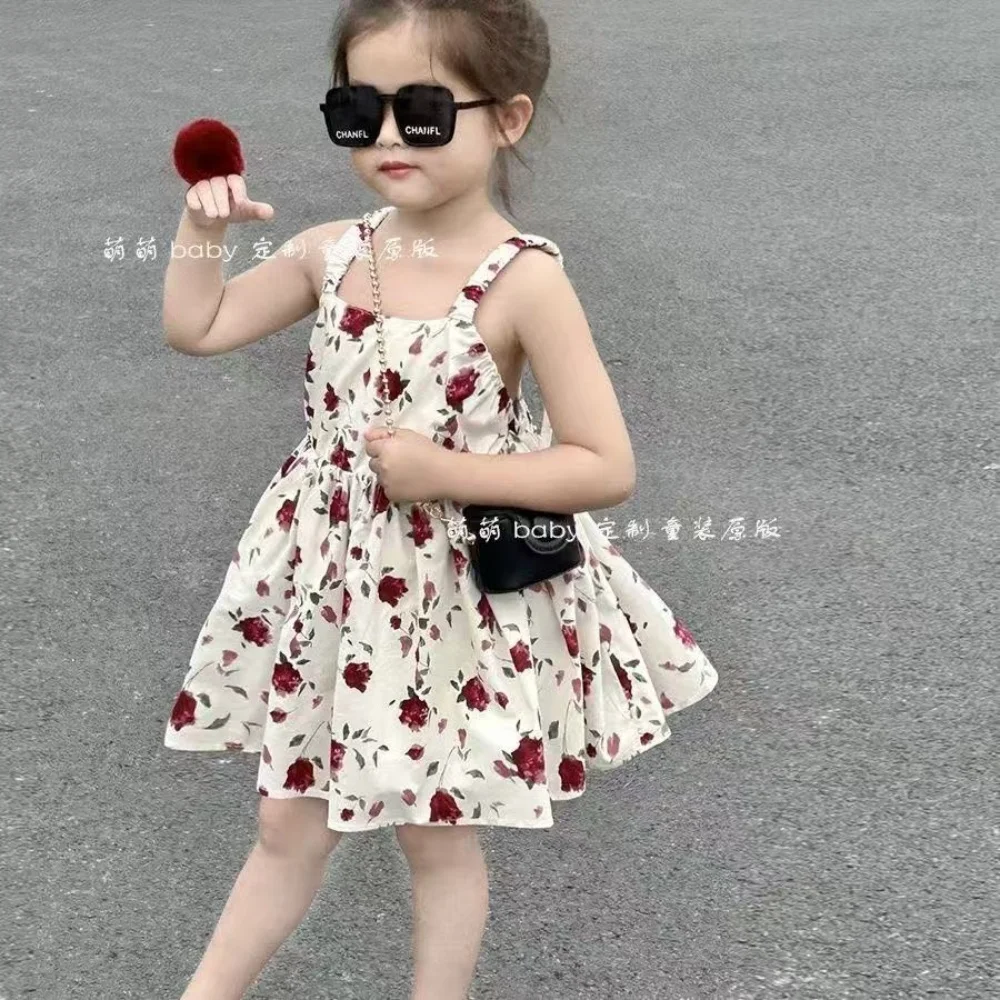 Girls' Retro Rose Backless Dress Children's Fashion Camisole Vest Dress Summer New Style 2 3 5 7 Years