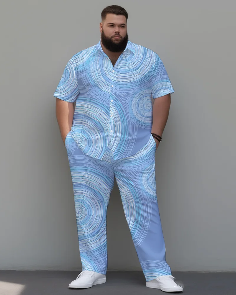 

S-9XL Men's Plus Size Light Blue Watercolor Stripe Short Sleeve Shirt & Pants 2-Piece Set Artistic Loose Fit Summer
