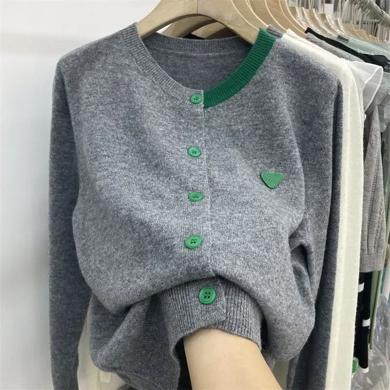 Spring and Autumn Round Neck Knitted Cardigan Women Patch Long Sleeve Bottom Top Westernized Loose Sweater Female Coat