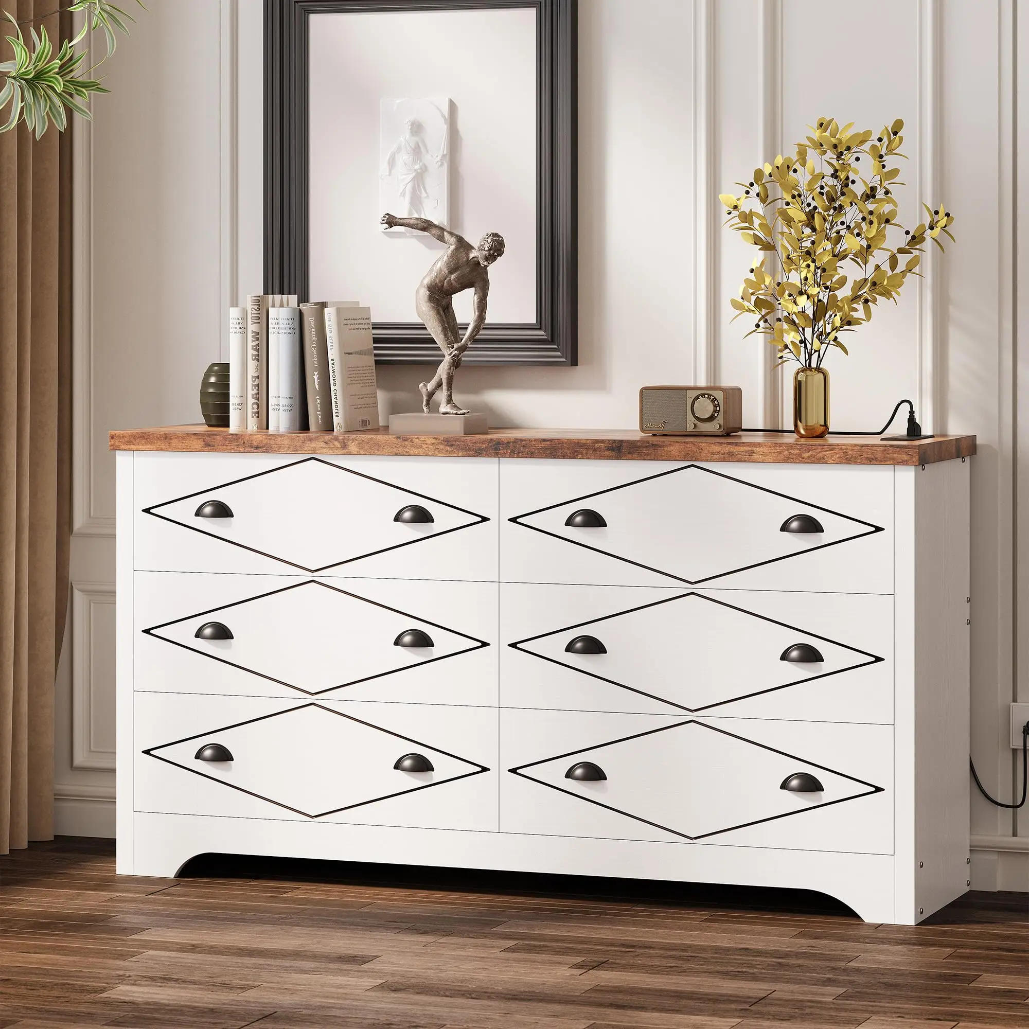 LIKIMIO 6 Drawers Dresser for Bedroom, Wood Dressers & Chest of Drawers with Charging Station, Storage Cabinet, White