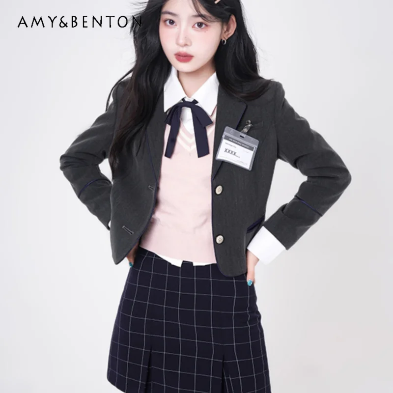 

New Korean JK Uniform Preppy Style Pink Gray Suit Jacket Vest Long Sleeves Shirt Top Hip Skirt Waist Tight Slimming Set For Girl