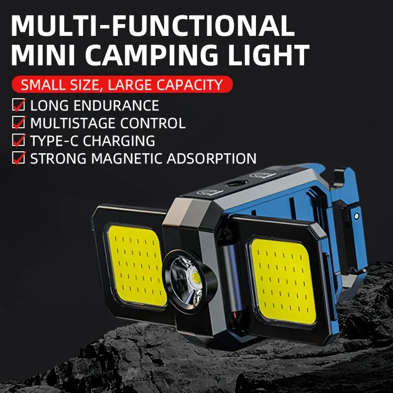 Portable 3-Head COB Mini Camping Lamp Multifunctional Keychain Light Type-C Work Lights Outdoor Flashlight
