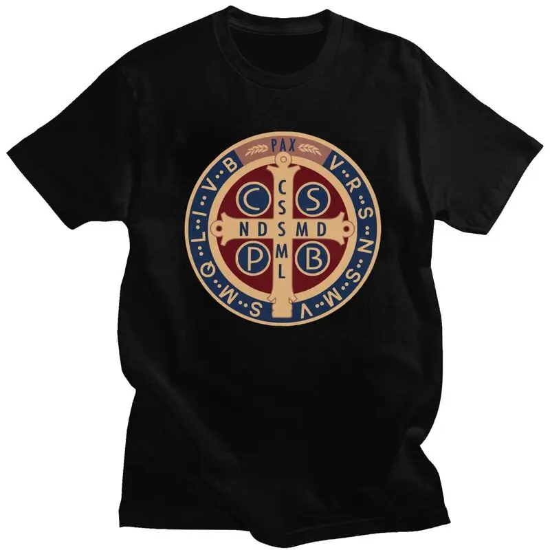 Custom Handsome Saint Benedict Medal T Shirt Men Short Sleeved 100% Cotton T-shirt Leisure Jesus Catholic Tee Fashion Tshirts